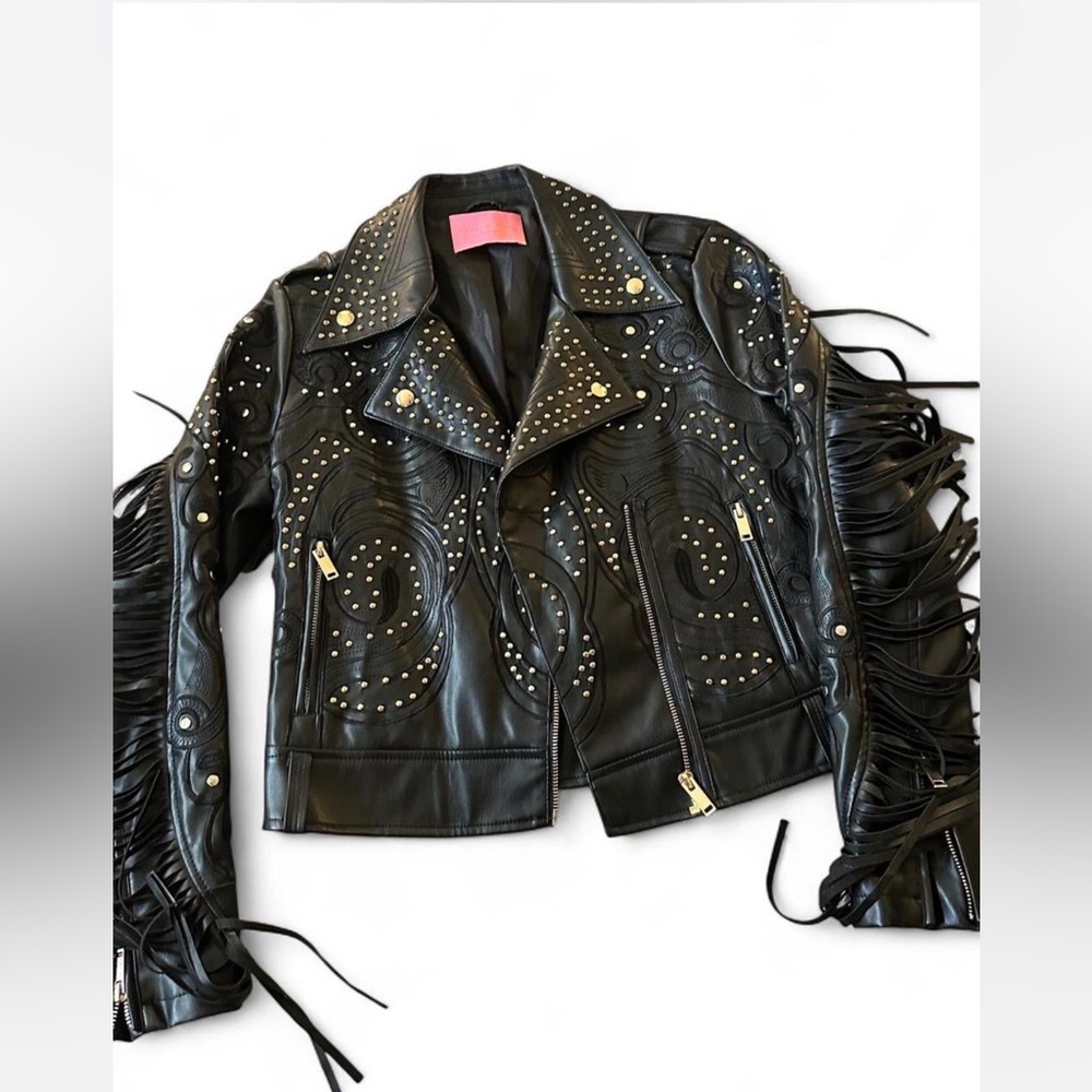 Azalea Wang Studded Fringe Moto Jacket